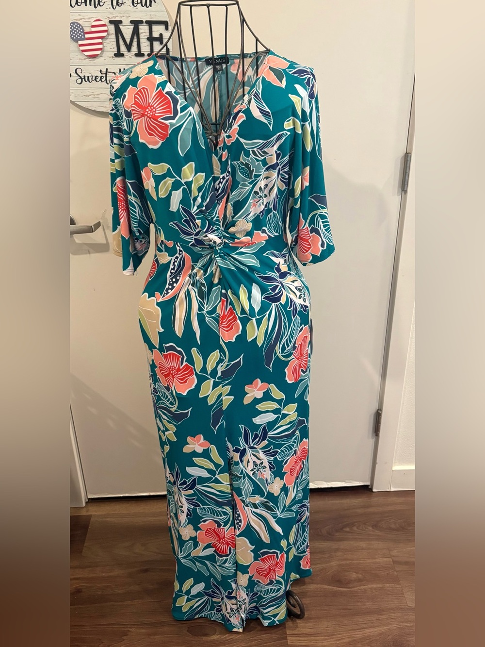 VENUS Teal Floral Knot-Waist Maxi Dress with Coral & Cream Blooms - Picture 1 of 10
